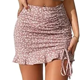 jinjin fashion Floral Print Mini Skirt, Ruched Side with Ruffle Hem, Black and White-picture-53