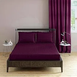 Cotton Fitted Bedsheet King Size 72x78x8 Inch | Elastic Fitted Bedsheet Cotton | King Size Bed Sheet Elastic Fitted | King Size Bed Cover | Double Bed Elastic Fitted Bedsheet | Wine Stripe-picture-34