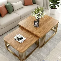 Nesting Coffee Tables Set of 2, Gold Iron Frame with Wooden Top, 50x50 cm and 45x45 cm, Modern Living Room Centre Tables-picture-27