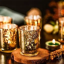 Decent Glass Set of 12 Silver Mercury Votive Tealight Candle Holders for Diwali & Christmas, Lighting Decoration, Corporate Gifts, Home Decor (Gold, 12)-image-11