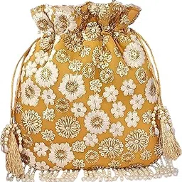 duchess Mustard Yellow Silk Potli Bag for Ladies – Elegant Embroidered Batua Purse for Women | Stylish Potli Bags for Wedding, Festive Occasions & Return Gifts with Pearl Detailing-picture-28