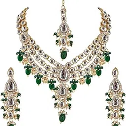 lucky jewellery Gold Plated White Color kundan Tika Earring Necklace Combo Kundan Jewellery Set-picture-31