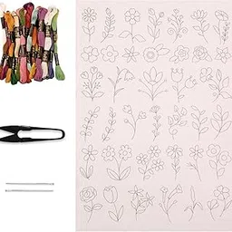 EmbroideryMaterial Hand Embroidery Patches Kit - 38 Floral Designs with Water Soluble Transfer Paper, 25 Threads, Needles & Cutter - Complete Stick and Stitch Embroidery Set for Clothing & Crafts image 1