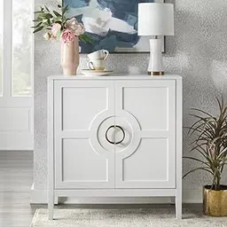 Goldview Furniture Modern White Storage Cabinet – 2-Door Accent Cabinet with Decorative Carved Doors & Brass Ring Handles – Stylish for Living Room, Entryway-image-5