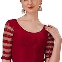 sft Round Neck Cotton Lycra Stretchable Laced Elbow Sleeves Readymade Saree Blouse for Women Stylish (Shibani image 1