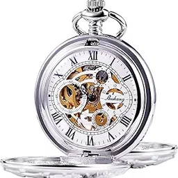 treeweto Mechanical Pocket Watch - Dream Dragon Skeleton Half Hunter Double Open Silver Case-picture-14