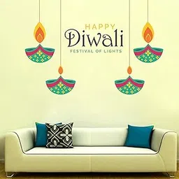 Byte Shop Decorative Hanging Diya Happy Diwali PVC Vinyl Multicolor Decorative Wall Sticker for Wall Decoration WD314-image-16