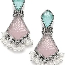 karatcart Silver Tone Diamond Shape Pink and Blue Carved Stone Studded Drop Earrings for Women-picture-35