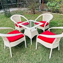 TERRALUXE Designer 4 Chair 1 Table for Garden|| Balcony|| Terrace|| Coffee|| Patio ||Wicker Seating Chair and Table Set Outdoor Furniture (D-8 OFFWHITE with 4 Chair 1 Table with RED Cushions)-picture-26