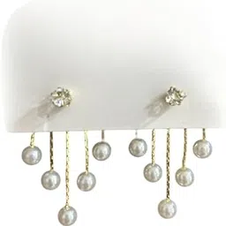 Fashion Jewelry Elegant Pearl Drop Dangle Earrings, Crystal Stud with Multiple Hanging Pearls, Gold-Toned Chain-picture-36