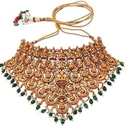 saraf rs jewellery SARAF RS - Choker Set: Exquisite Temple Design with Dangling Green Beads For Women-picture-37