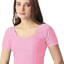 shree md Round Neck Dobby Cotton Lycra Stretchable Short Sleeve Readymade Saree Blouse for Women-picture-40