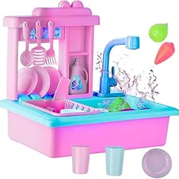 Storio Kitchen Set for Girls | Kids Play Electronic Wash Basin Sink with Live Running Water | Pretend Role Play Kitchen Toys Set - Pink-picture-49