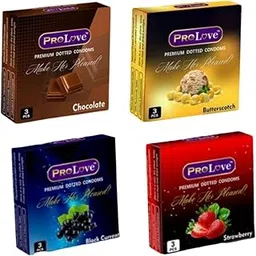 ProLove Premium Dotted Condoms, Flavoured Variety Pack, 3 Pieces Each, 4 Variants - Chocolate, Butterscotch, Black Currant, Strawberry-picture-55