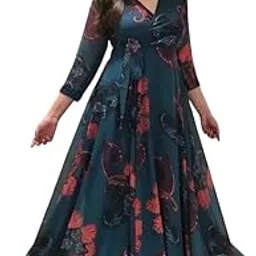 trillmixa Women's Georgette Stylish V-Neck Fit-Flare Maxi-Length Dress(KERI-T)-picture-24