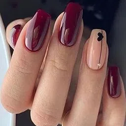 Set Of 14Pc, Press-Ons, Glossy Maroon With Black vertical line down With Heart Design, Short Square Shaped Nail Extensions With Free Glue-image-8