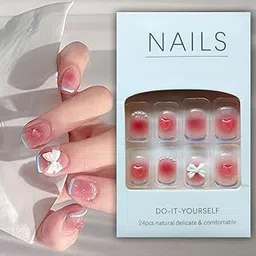 S.A.V.I Pearl Heart False Nails - 24PCS Short White Bowknot DIY | Easy To Use image 1