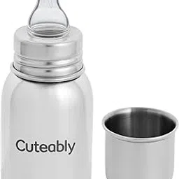 Cuteably Stainless Steel Baby Milk Bottle, 150ml/200ml/300ml, BPA-Free Wide Neck Design, Anti-Colic Silicone Teat, Silver (150 ML)-picture-21