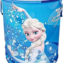 Kuber Industries Disney Frozen Print Round Laundry Basket|Polyester Clothes Hamper|Waterproof & Foldable Round Laundry Bag with Handle,45 Ltr.(Blue)-picture-59