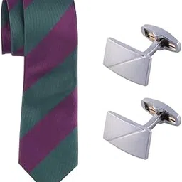 the tie hub Green with Purple Stripe Microfiber Microfiber Necktie with Cufflinks Combo Set for Men-picture-34
