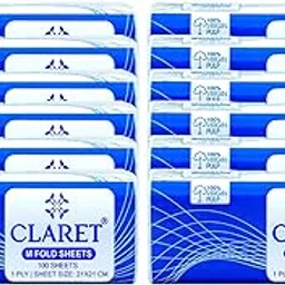 Claret Multi-Fold Paper Tissue 1 Ply | 100 Sheets (21 x 21 cm) | Blue Pack | Pack Of 12 | Soft, Absorbent & Skin-Friendly | 100% Virgin Pulp & Biodegradable-image-5