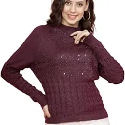 mafadeny Women?s High Neck Sequin Cable Knit Sweater Purple-picture-20