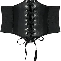 Women's Faux Leather Lace-Up Corset Belt, Black, Elastic Side Panels-picture-19