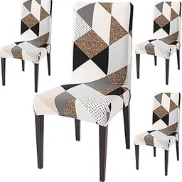 Harbell Home Pack of 4 Elastic Stretchable Polyester Printed Universal Chair Cover Case Protector Removable Washable Short Dining Chair Cover, Seat Slipcovers, White & Brown-image-47