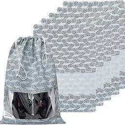 HomeStrap Set of 6 Printed Drawstring Non Woven Shoe Bag/Organiser/Pouch with Transparent Window(Grey)-picture-43