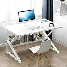 Lukzer Modern Engineered Wood Computer Desk with Built-in Bookshelf, Space-Saving Design, White Top & White Frame, Study Table,100x50x78cm (MST-001)-picture-24