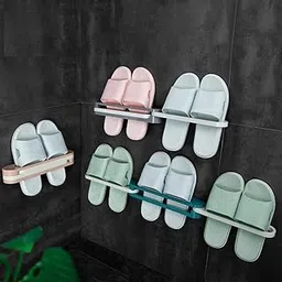 FERRON Wall Mounted Collapsible Shoe Organizer Bathroom Slippers And Shoes Hanger Folding Self Adhesive Storage Towel Racks (Multicolor) - 1 Pcs-picture-57