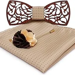 mensome Men's Wood Bow Tie with Pocket Square & Flower Brooch - Pack of 3 (Mnsm-Wbpslpl34, Brown)-picture-37