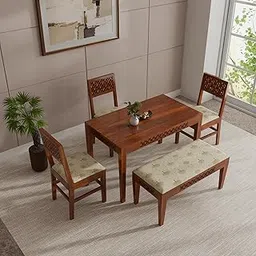THE WOODEN CITY Solid Sheesham Wood 3 Chair with 1 Bench Dining Table Set with Cushioned Chairs for Dining Room | Living Room | Home & Office | Hotels (4 Seater with Bench, Honey)-picture-20