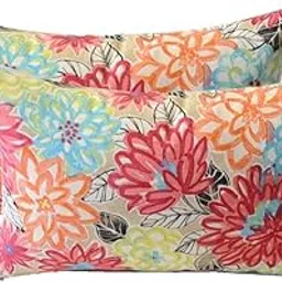 Set of 2 - Indoor / Outdoor Rectangle / Lumbar Decorative Throw / Toss Chair Cushion Pillows ~ Yellow, Orange, Blue, Pink Bright Artistic Floral-picture-26