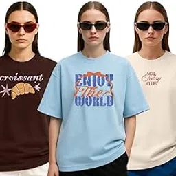 stylense Cotton Blend Oversized Baggy Fit Drop Shoulder Round Neck Graphic Printed Half Sleeve T-Shirt Combo for Women (Pack of 3)-picture-51