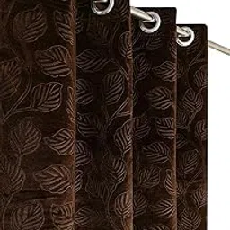 Heavy Soft Abstract Velvet Solid Emboss Texture Pan Patta Design Room Darkening Door Curtains 7 feet Long Set of 2 | Parde for Living Room and Bedroom | Eyelet Rings | Brown Curtain-picture-42