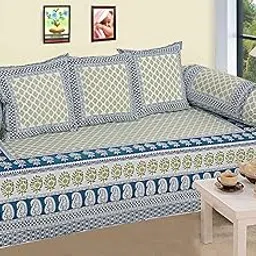 Texstylers Cotton Floral Jaipuri Print Traditional Set of 6 Pcs Diwan Cover Set (Blue Green, Standard) image 1