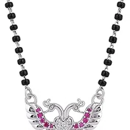 925 Sterling Silver black bead anti-tarnish hypoallergenic 18k Micron Premium Rhodium-plated Peacock Design Ruby Green Pendant Mangalsutra Necklace | Gift for Women | Pure Silver Gift for Wife-image-35