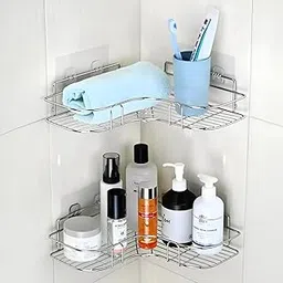 Homeor Stainless Steel Multipurpose Self Adhesive Corner Shelf for Bathroom/Kitchen Wall Mounted Rack Shelf Shower Caddy with Magic Sticker Bathroom Organizer Without Drill, Pack of 2, Chrome-picture-32