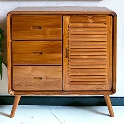 Mid-Century Modern Wooden Storage Cabinet – 3 Drawers with Louvered Door, Teak Finish – Stylish Organizer for Living Room, Bedroom, or Entryway-picture-11