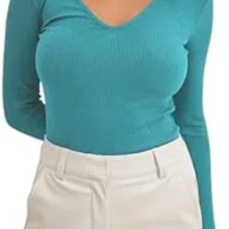 Casual Wear Full Sleeve Plain V-Neck Rib Knit Regular Top for Women, Top for Girls-picture-53