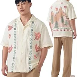 the souled store Autumn Men and Boys Short Sleeve Cuban Collar Off White Printed Casual Drop Shoulder Streetwear Cotton Oversized Shirts-picture-34