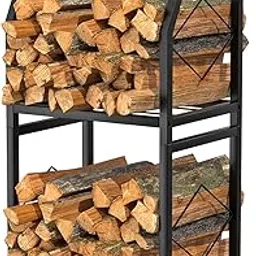 VyGrow Small Firewood Rack for Indoor, 2-Tier Firewood Holder with 3 Hanging Hooks, Heavy Duty Wood Rack for Outdoor Patio, Black, 11.8" D x 15.7" W x 31.9" H-picture-13