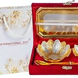 INTERNATIONAL GIFT German Golden & Silver Brass Two Bowl with Two Spoon and with Single Tray with Beautiful Velvet Box Packing with Carry Bag Uses for Dry Fruit | Chocolate | Sweet | HomeDecor-image-6