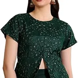 fr frolic rolic Frolic Rolic Green Women Net Embroidered Waist Length Round Neck Short Sleeves Blouse-picture-39