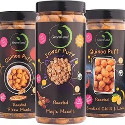 GREENLAND Roasted Puffs (Pack of 3, 1x70 g, 2x85 g) Healthy Snacks | Gluten Free | Rich in Protein | Zero Trans Fat | Flavor: Magic Masala Jowar, Smoked Chilli & Lime Quinoa, Pizza Mania Quinoa-image-7