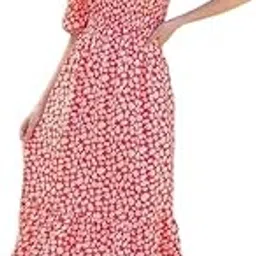 Women's Red Floral Puffed Short Sleeves Smocked Flared Hem Maxi Dress-picture-47