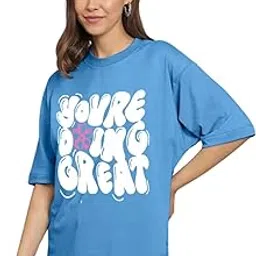 juneberry Pure Cotton Drop Shoulder Oversized Baggy Fit Cool You are Doing Great Graphic Printed Blue & Black Half Sleeve T-Shirt for Women & Girls (Sizes: S to 2XL)-picture-24