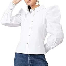 poshbery White Cotton Collared top with Puff Sleeve Detail image 1