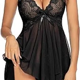 inonra Women’s Sheer Lace Babydoll Nightwear, Black Floral Lace Bodysuit with Sheer Mesh Wrap Skirt, Asymmetrical Hem, Sexy Night Dress for Women Honeymoon, Valentine, Bridal First Night-picture-43